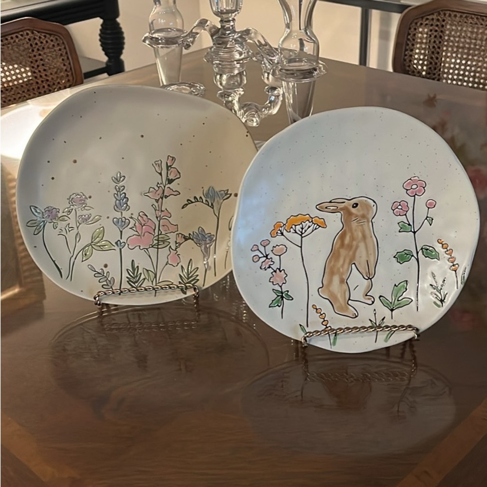 Set of 2 Decorative Painted Pottery Serving Plates Bunny Flower Speckle Glazed